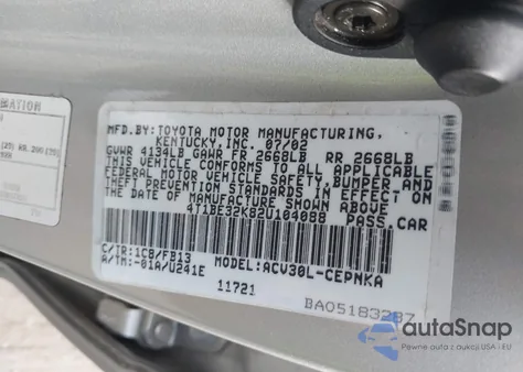 2002 Toyota Camry Le from USA, damaged, VIN 4T1BE32K82U104088